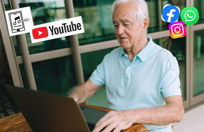 Ein älterer Mann sitzt im freien vor einem Laptop. Neben ihm sind Logos von Instagram, Facebook, Youtube und WhatsApp abgebildet.